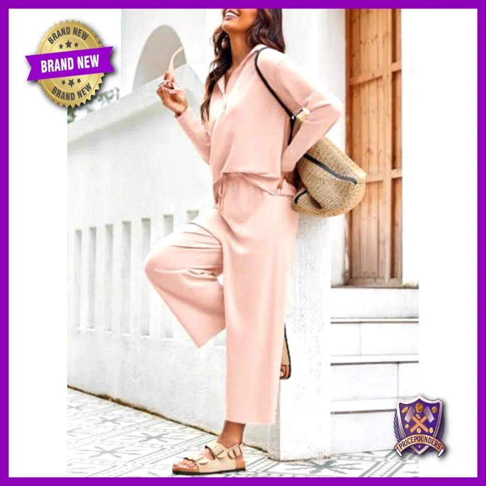 Women's Cotton Blend Tracksuit Set Long Sleeve V-Neck Top Wide Leg Pants